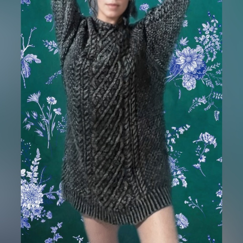 Free People Charcoal Cable-Knit Long Sweater